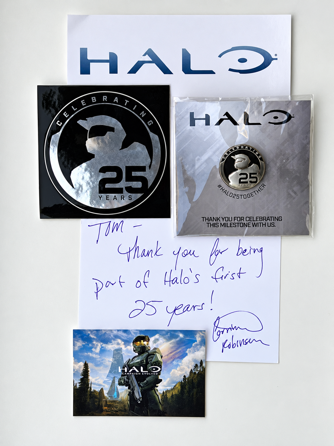 Halo 25th anniversary package and handwritten thank-you note to Tom Salta